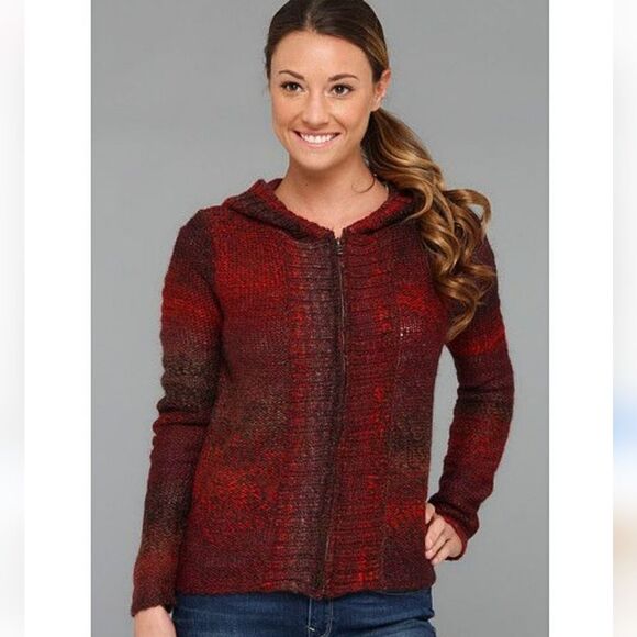 prAna Elen Sweater Wool Blend Full Zip Knit Hoodie Red Burgundy S - Picture 1 of 6